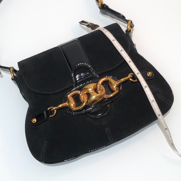 GUCCI Suede Black Handbag with Black Patent Leather Shoulder Strap - Picture 11 of 16